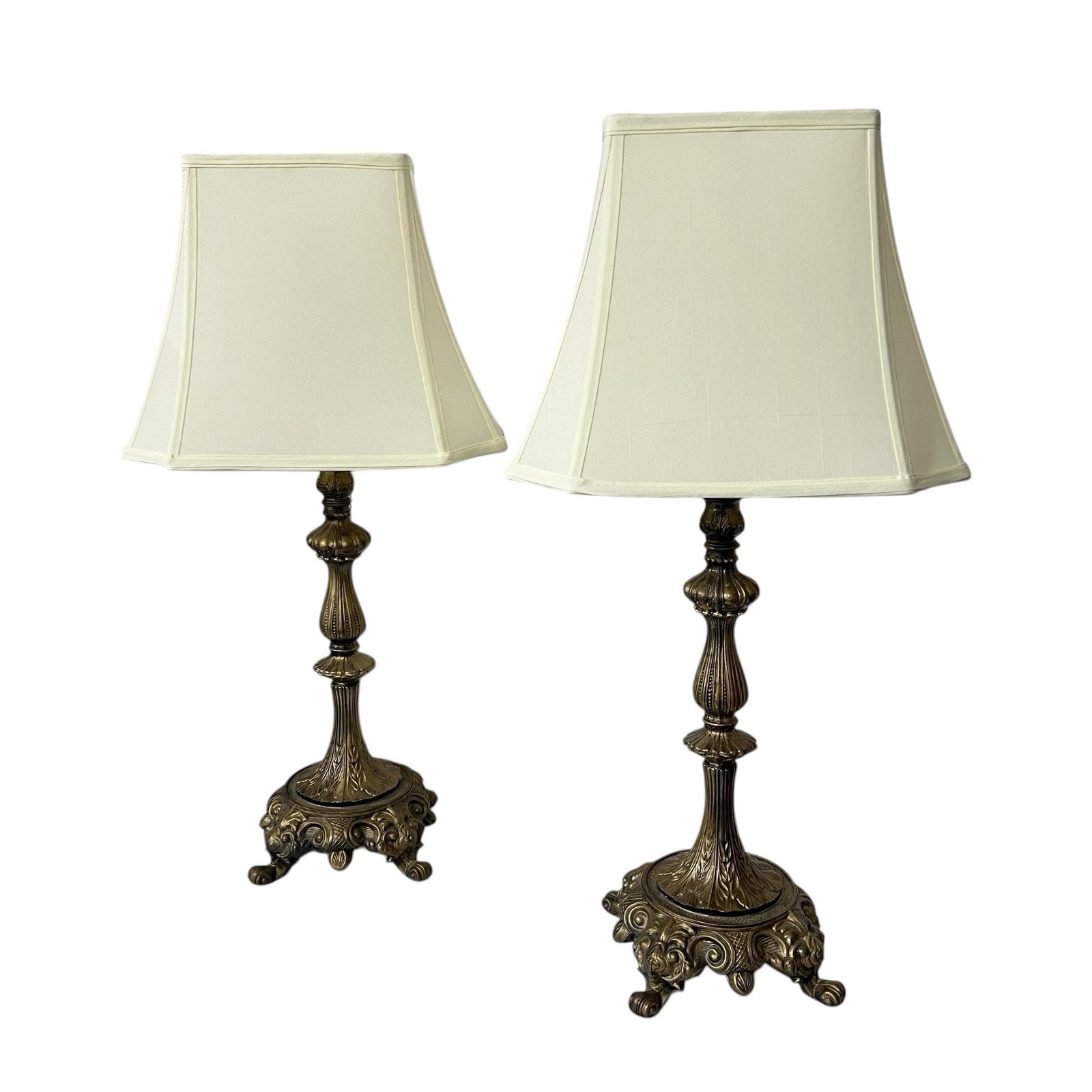 Mid 20th Century Gilt Metal Footed Baroque Style Lamps and Shades - A Pair - 3