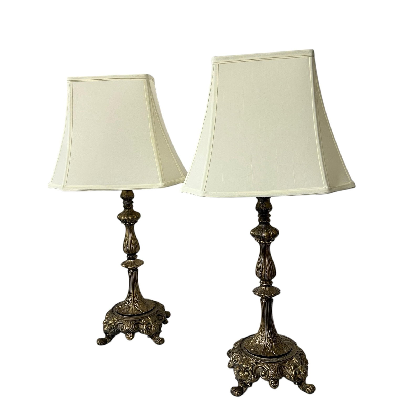 Mid 20th Century Gilt Metal Footed Baroque Style Lamps and Shades - A Pair - 5