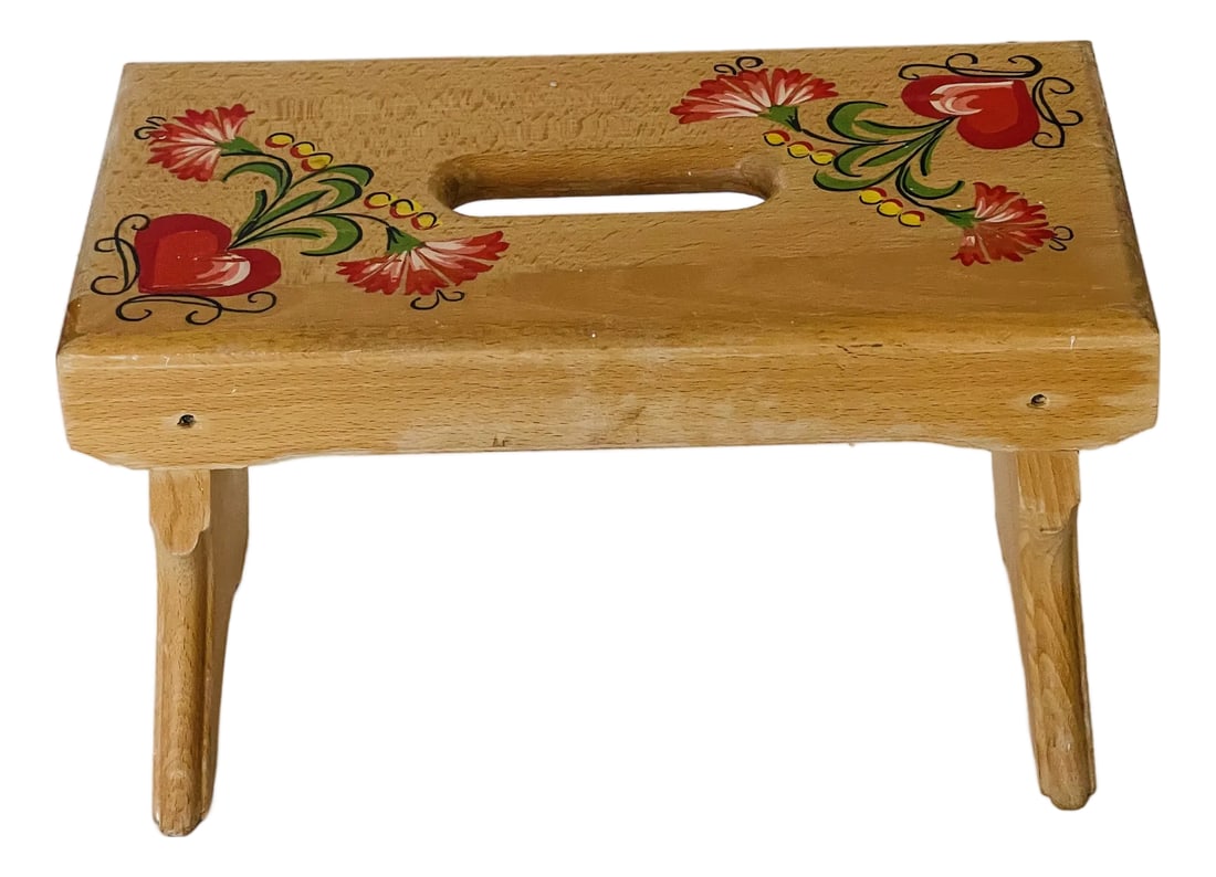 Vintage Folk Art Maple Footstool Handpainted: Vintage Folk Art maple wood footstool Handpainted with red flowers. Condition: Alterations: Original Condition Unaltered Imperfections: Some Imperfections Condition Notes: Good Origin: Austria