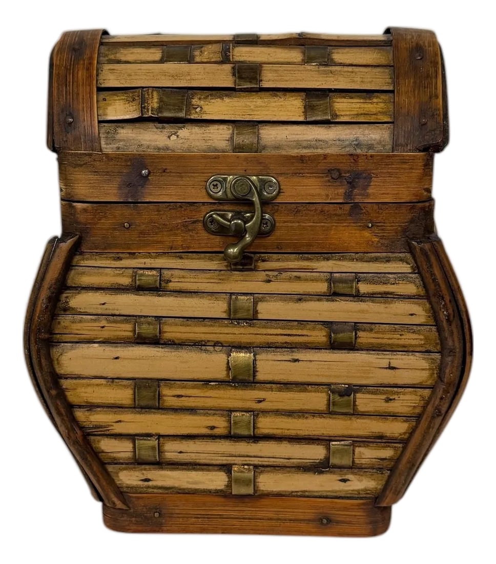 Vintage Handmade Bamboo and Brass Decorative Storage Box: Offering this vintage-style treasure chest trinket box, characterized by its unique curved "humpback" or "camelback" shape. It is constructed from a combination of wood bamboo strips, embellished