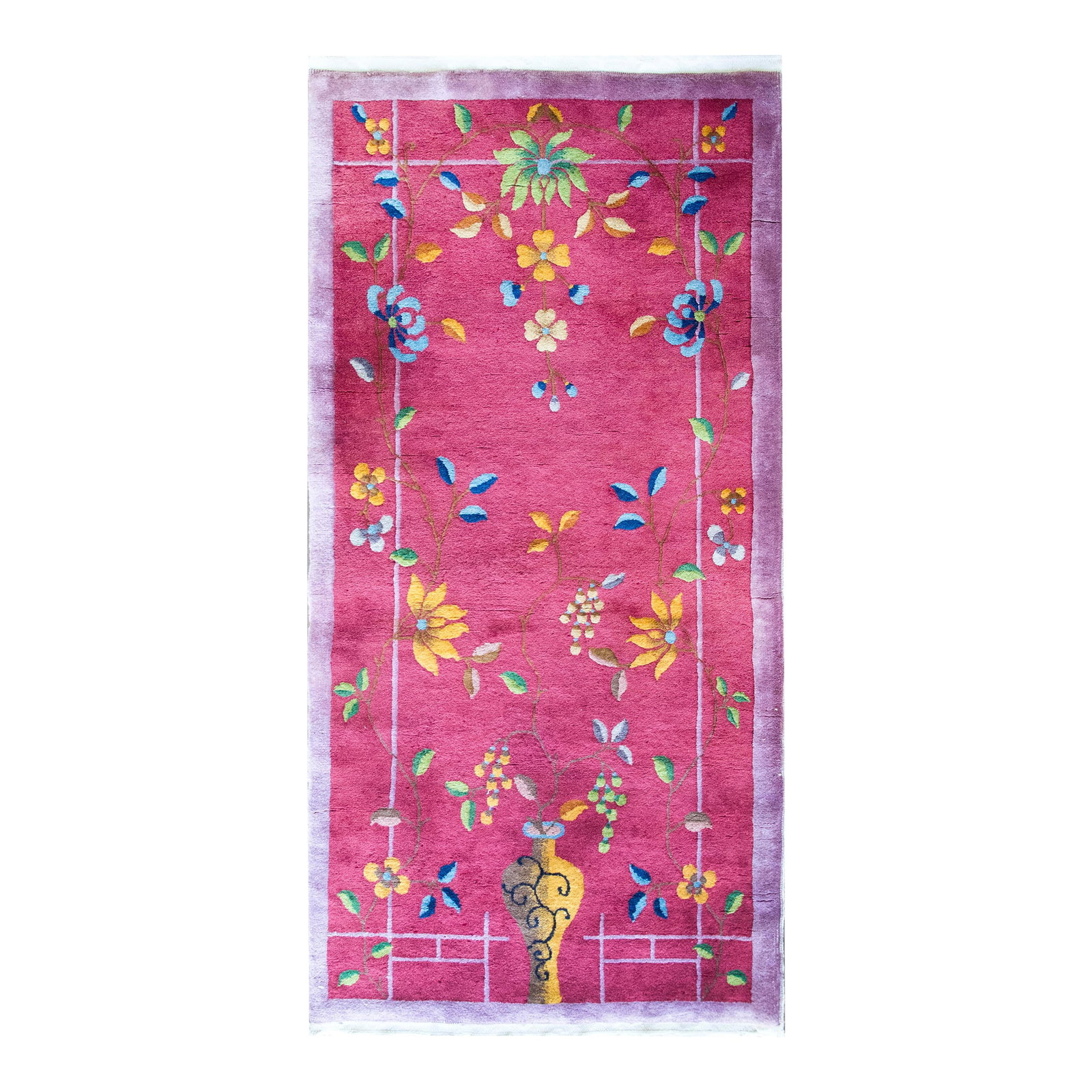 Early 20th Century Chinese Art Deco Rug: This vibrant 1930s Chinese Art Deco rug features a bold magenta field adorned with a delicate floral and vase motif. Hand-woven with wool and natural dyes, the design showcases a central vase