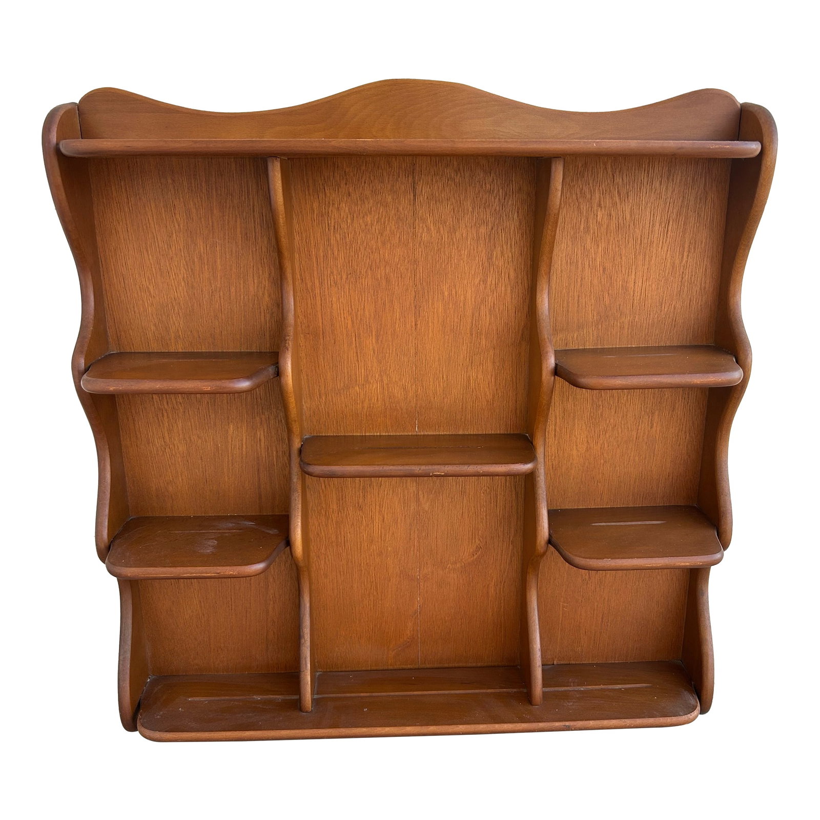 Vintage Knick- Knack Shelf Unit: Vintage Shelf unit wall hung for your collection. Perfect mid century look solid wood with dish slots Condition: Alterations: Original Condition Unaltered Imperfections: Some Imperfections Condition N