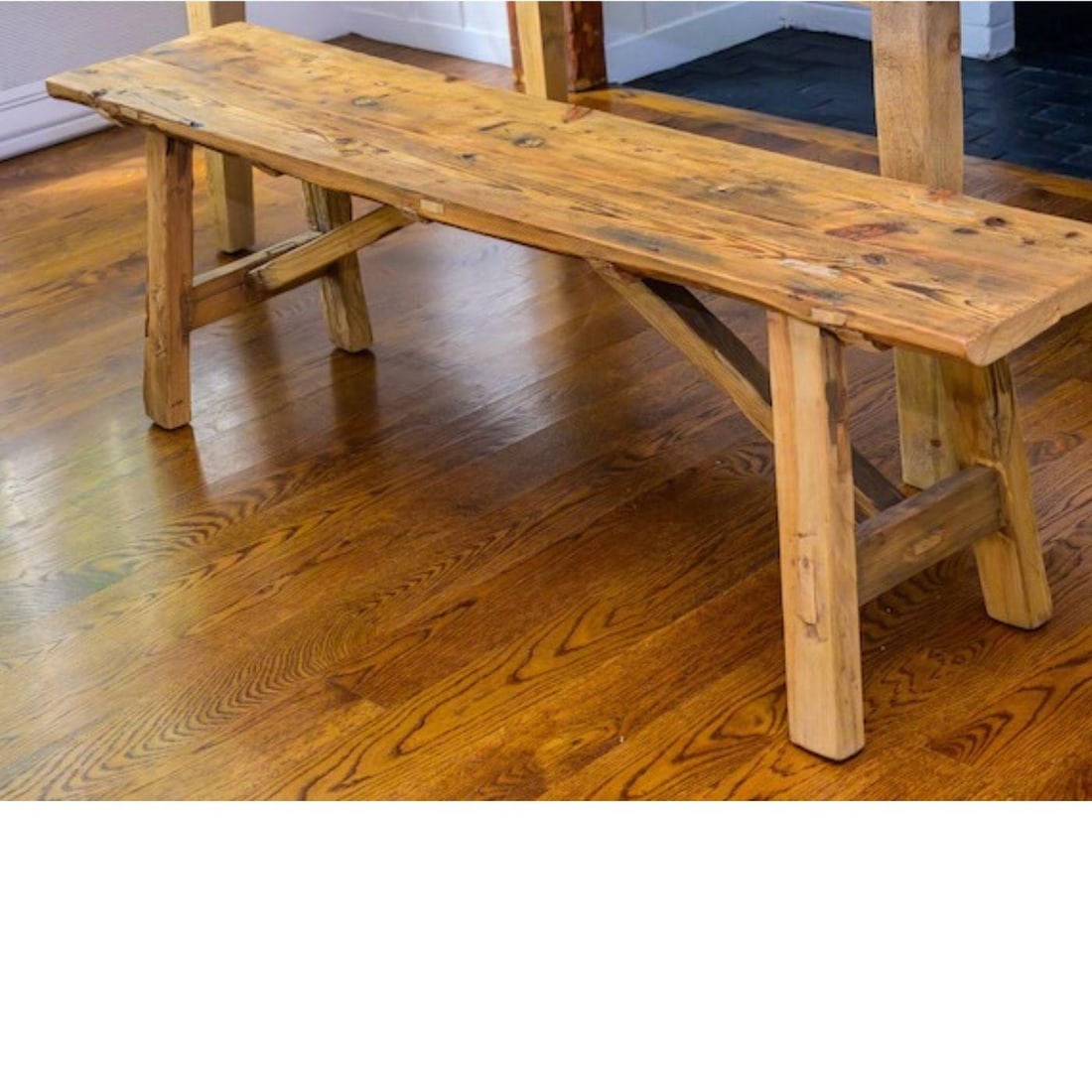 Vintage Rustic Pine Bench With Trestle Base - 11