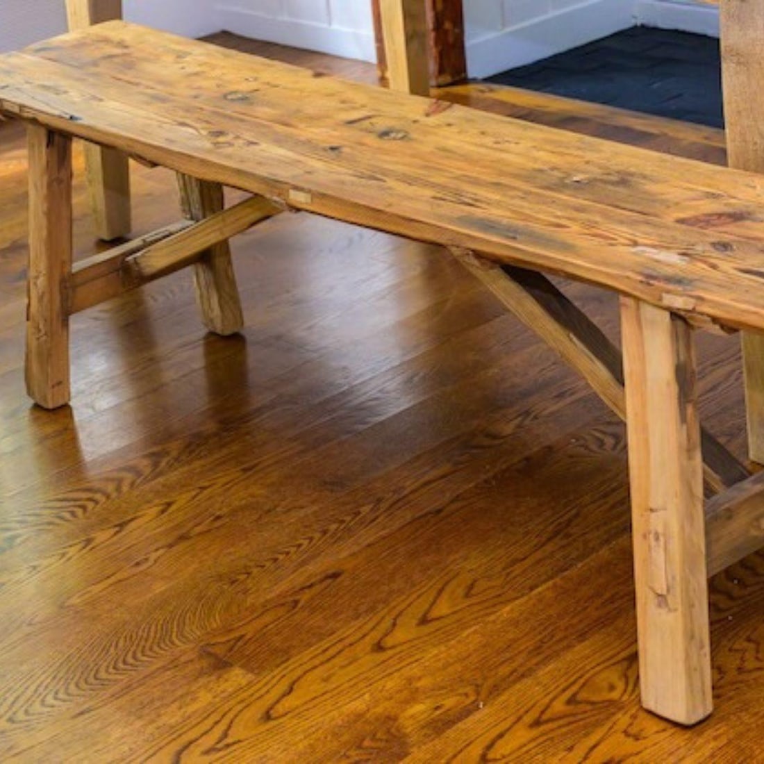 Vintage Rustic Pine Bench With Trestle Base - 3