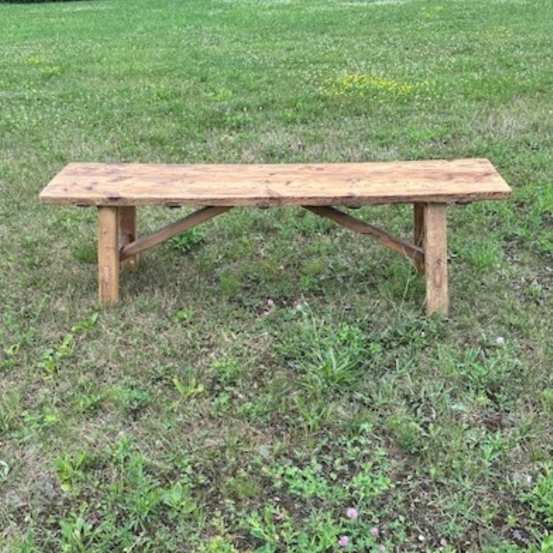 Vintage Rustic Pine Bench With Trestle Base - 4