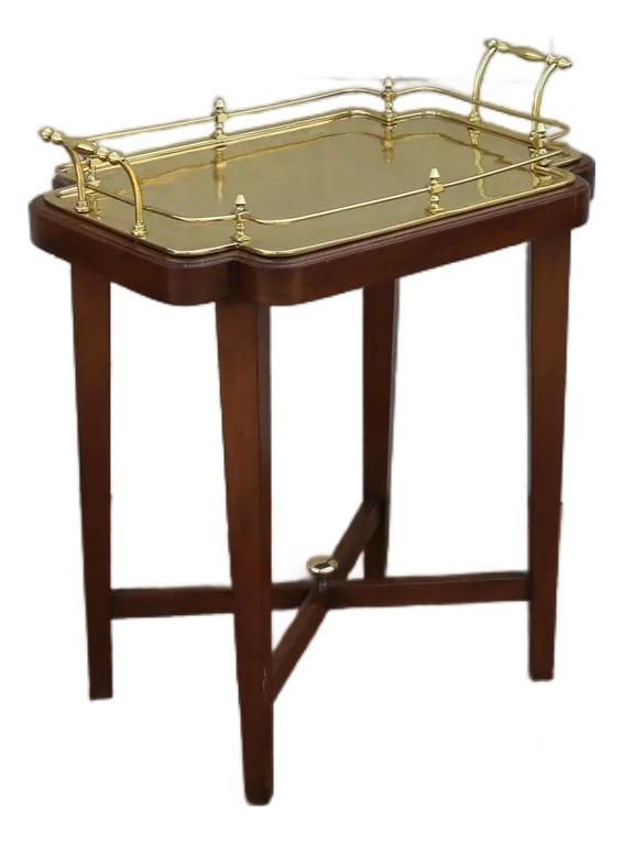 Vintage 1970s Solid Wood & Brass Tray Table | Hollywood Regency Style Serving Table: A striking vintage tray table from the 1970s, featuring a beautifully crafted solid wood base paired with an elegant removable brass tray top. This piece captures the essence of Hollywood Regency desi