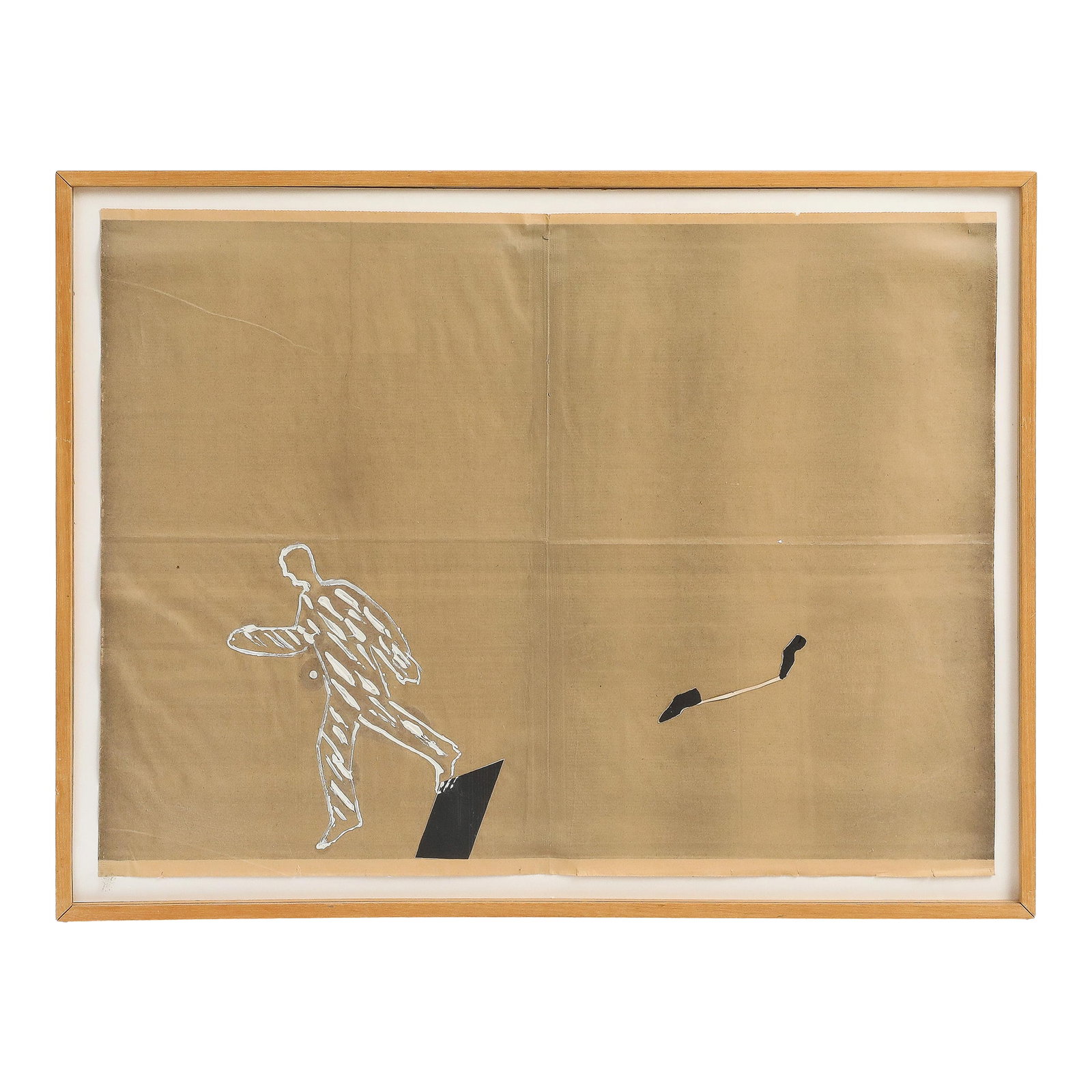 Pinchas Cohen Gan (B. 1942), Untitled, Mixed Media on Newsprint, C. 1970s: Art work by Moroccan-Israeli artist Pinchas Cohen Gan (b. 1942), Untitled, Mixed Media on Newsprint, c. 1970s, in a wood frame. The work shows a human figure painted in white with black shoes