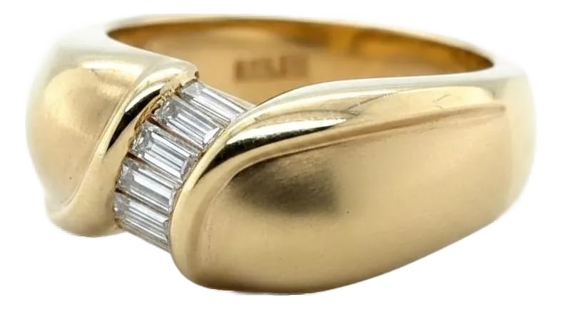14k Yellow Gold Diamond Ring, Size 6.5: 14k Yellow gold satin finished ring with 8 baguette-cut diamonds weighing approximately 0.60 carats. Size 6.5 (sizable) 10.71 grams. Condition: Alterations: Original Condition Unaltered