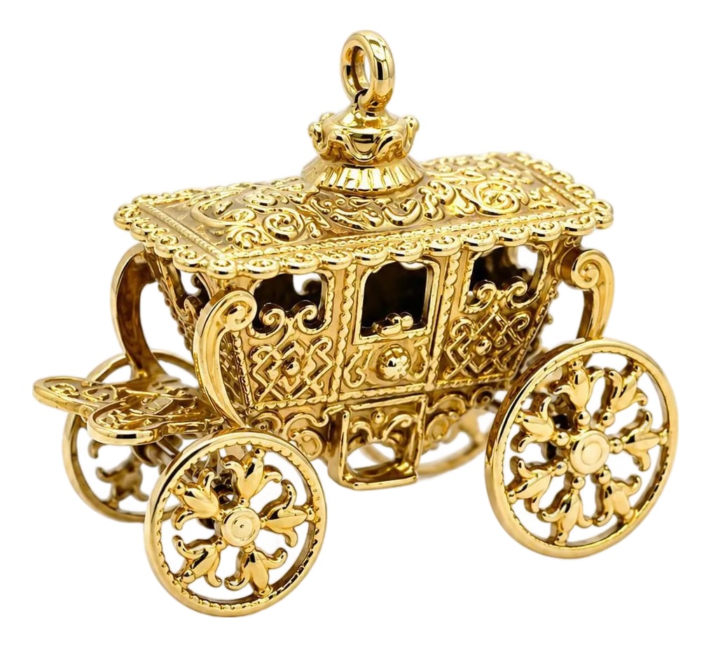 Mid 20th Century 14k Yellow Gold Carriage Charm 9.48g Intricate Design: Intricate 14k yellow gold charm in the shape of a detailed carriage with movable wheels. 9.48g Condition: Alterations: Original Condition Unaltered Imperfections: Some Imperfections Condition Notes: