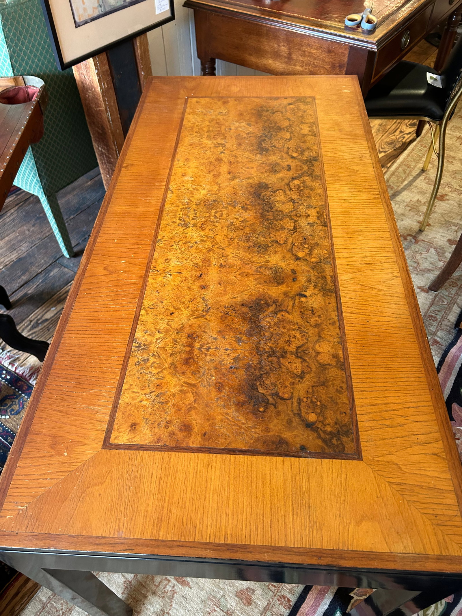 Handsome Vintage Burl and Inlaid Desk With Ebonized Base - 11
