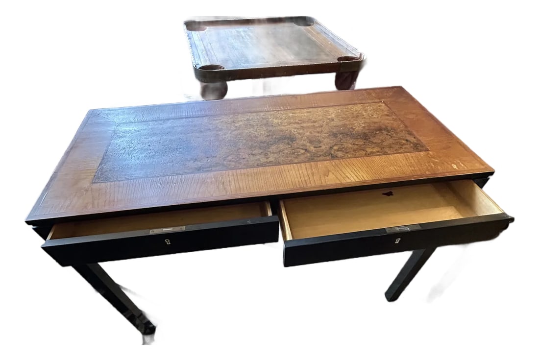 Handsome Vintage Burl and Inlaid Desk With Ebonized Base: Great bones, alittle worn, vintage writing desk having beautiful grain Burl wood on top with inlay, on top of ebonized base with two drawers. No key. Duffy Condition: Alterations: Original Condition