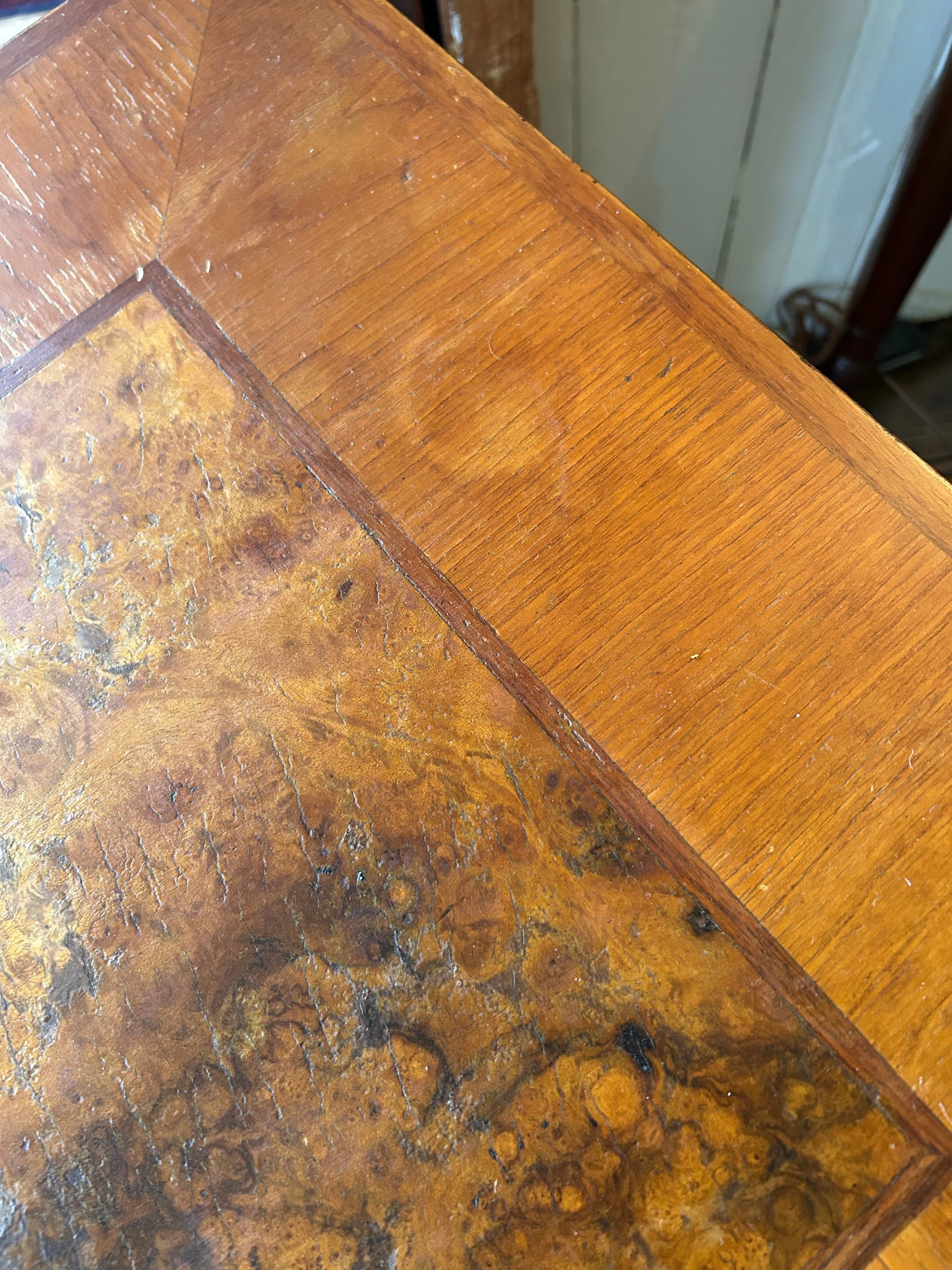 Handsome Vintage Burl and Inlaid Desk With Ebonized Base - 2