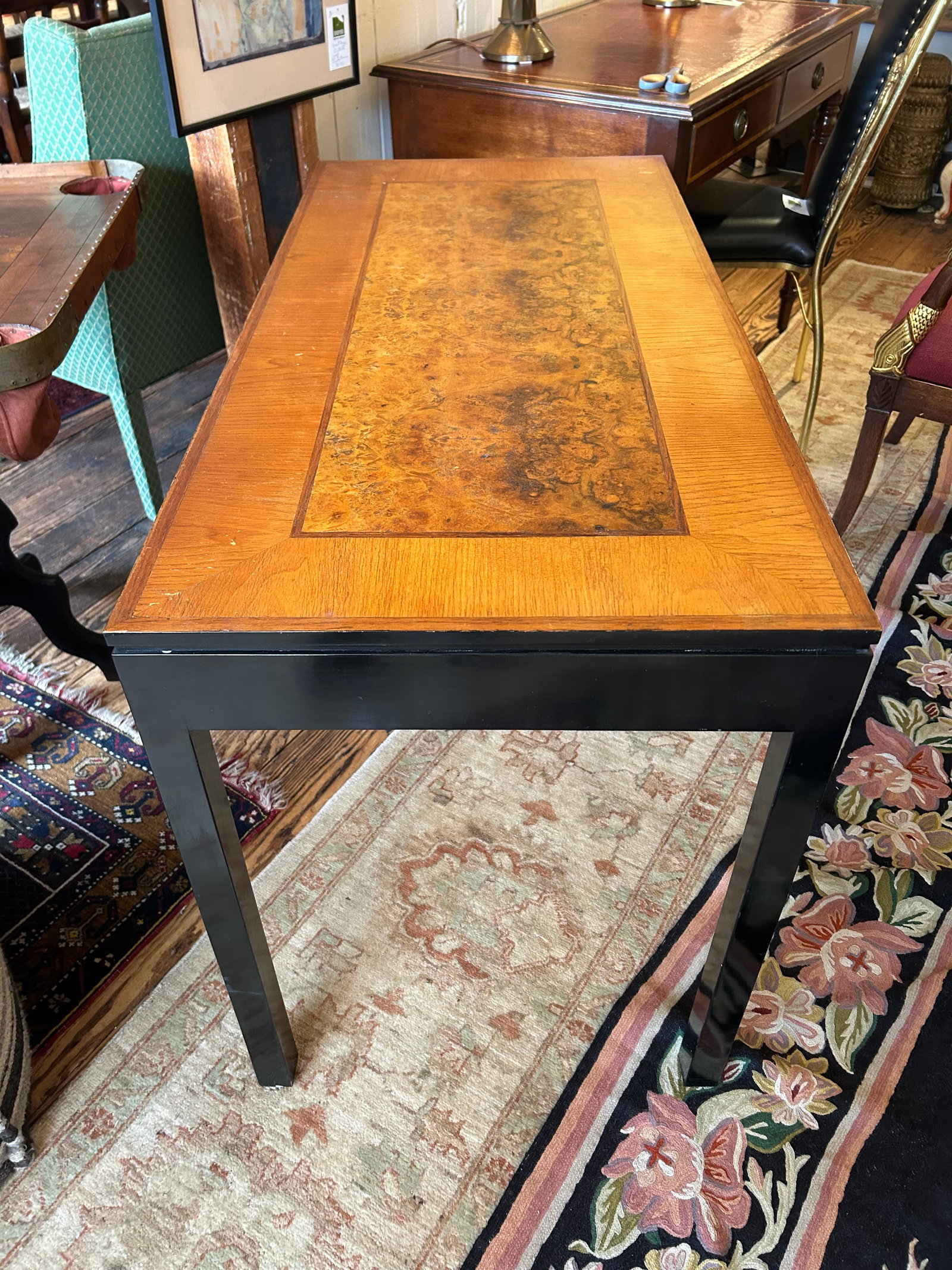 Handsome Vintage Burl and Inlaid Desk With Ebonized Base - 5