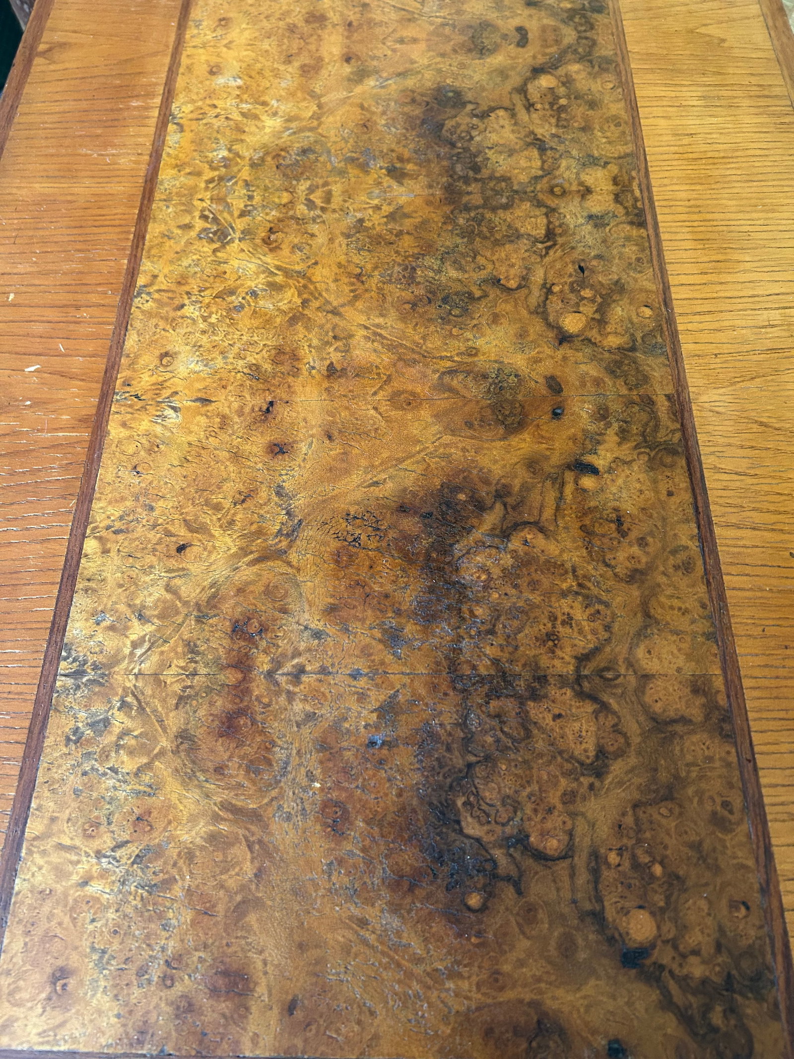 Handsome Vintage Burl and Inlaid Desk With Ebonized Base - 6