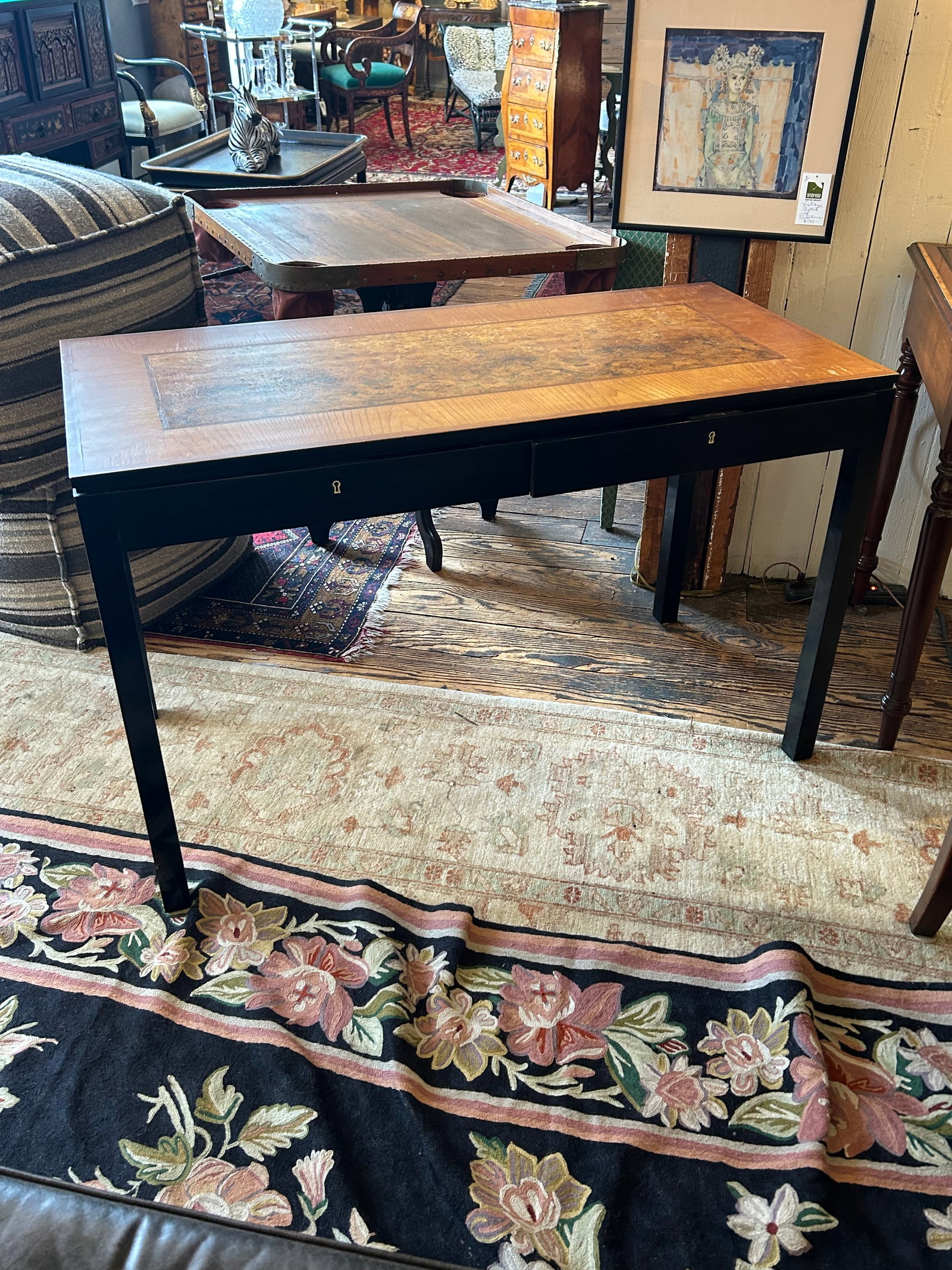 Handsome Vintage Burl and Inlaid Desk With Ebonized Base - 7