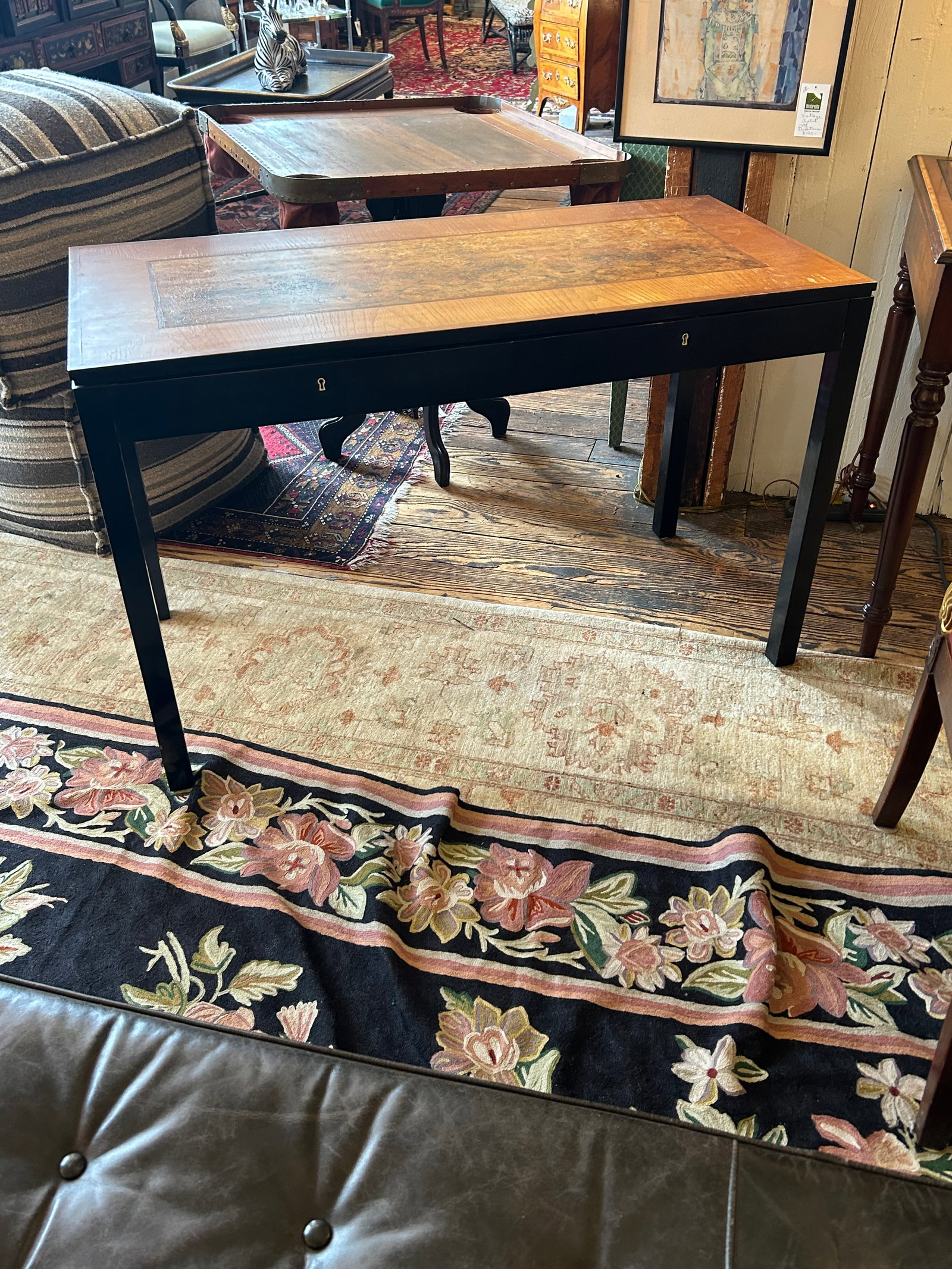 Handsome Vintage Burl and Inlaid Desk With Ebonized Base - 8