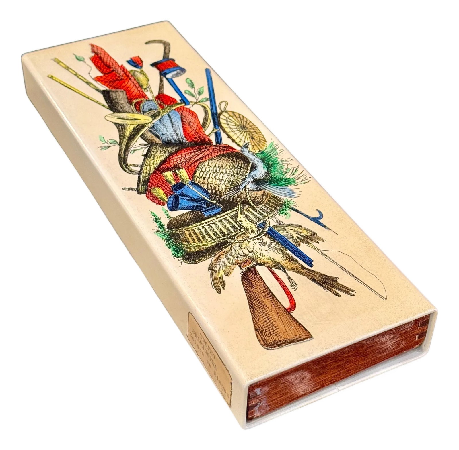 Fornasetti "Trofeo Selvaggina" Enameled Box, ca. 1950's: This small painted wooden box is an iconic piece by the renowned Italian artist and designer Piero Fornasetti. Created in the 1950s, it reflects Fornasetti's unique style, blending traditional craftsm
