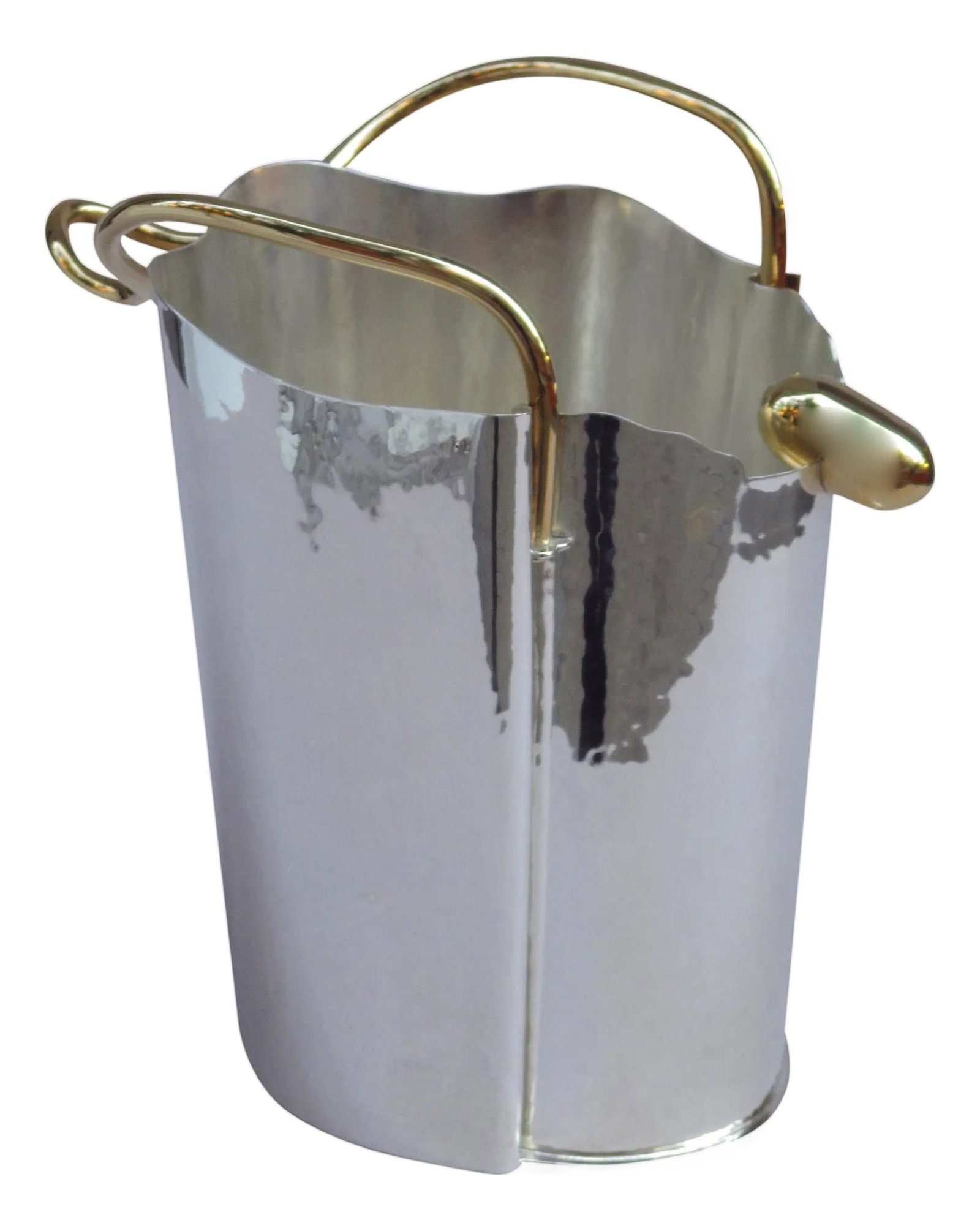 1990s Unusual Sterling Silver Champagne Cooler: A sterling silver champagne cooler designed by Borek Sipek for Cleto Munari. Hand hammered sterling silver with gold-plated handles. Signed on the bottom: Borek Sipek per Cleto Munari and numbered