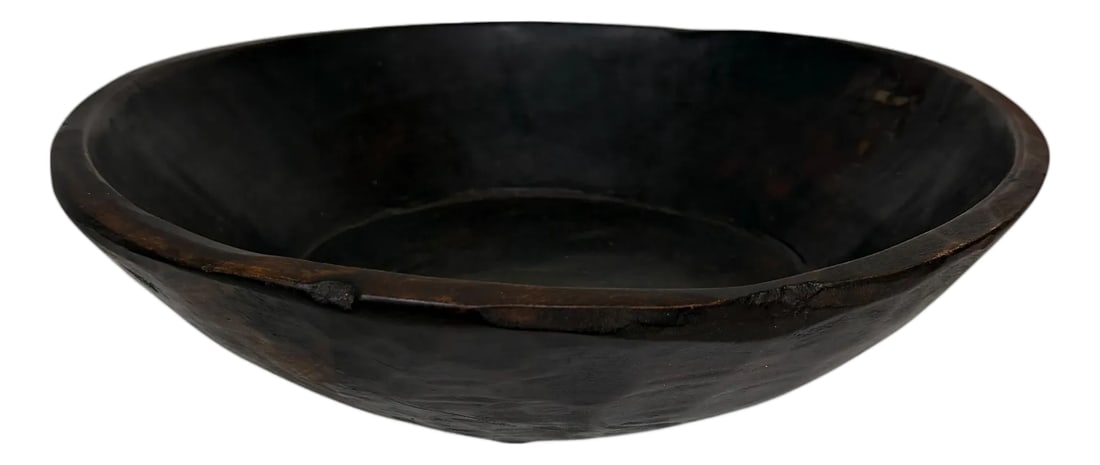 Vintage Drexel Heritage Handmade Wood Bowl: Vintage Drexel Heritage handmade wood bowl in dark brown stain. Marked Drexel Heritage, India. Measures approximately 15" diameter x 4" d. Since his bowl is hand carved it is not perfectly round This