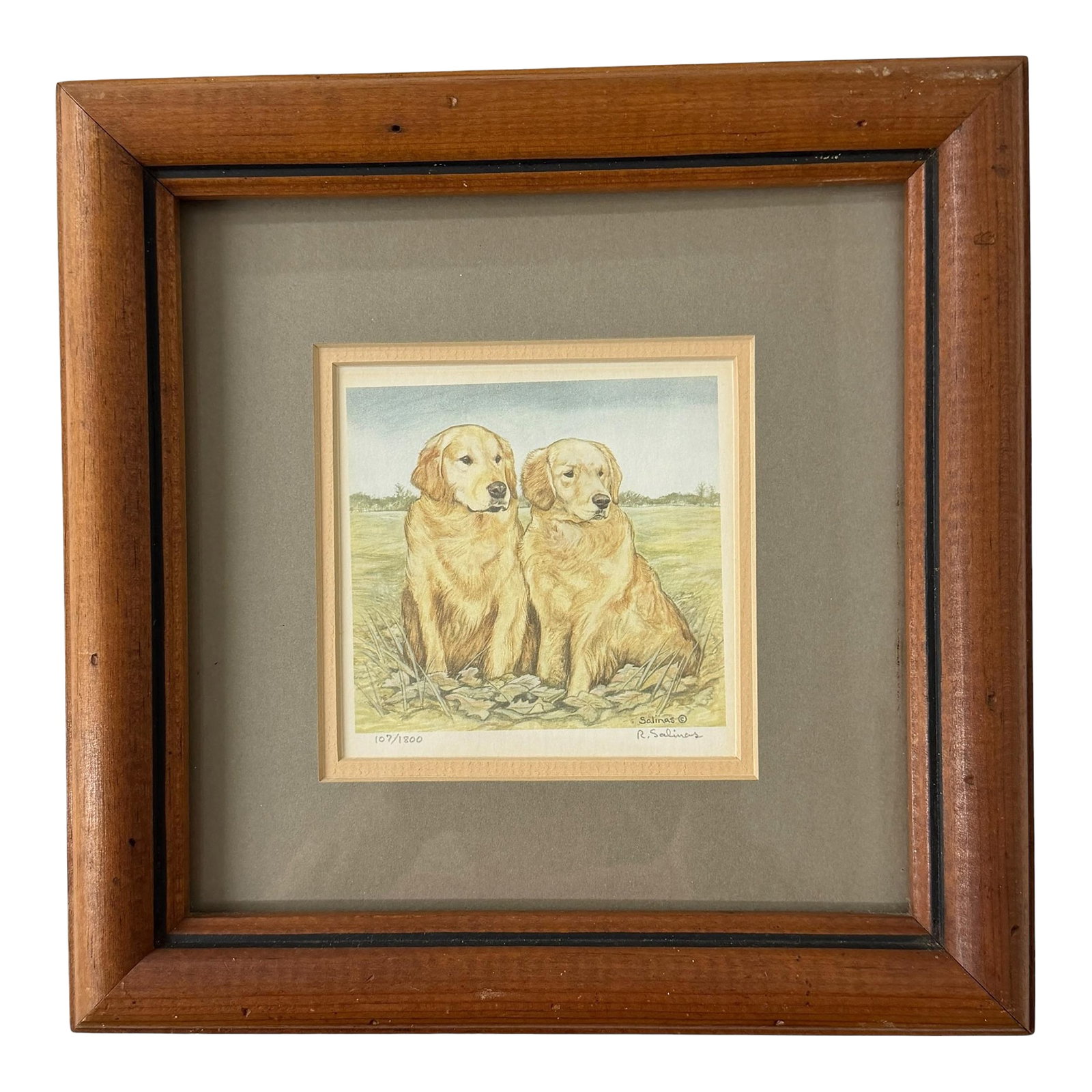 Vintage R. Salinas Signed, Numbered Print Lithograph of Two Golden Retrievers (1 of 5)