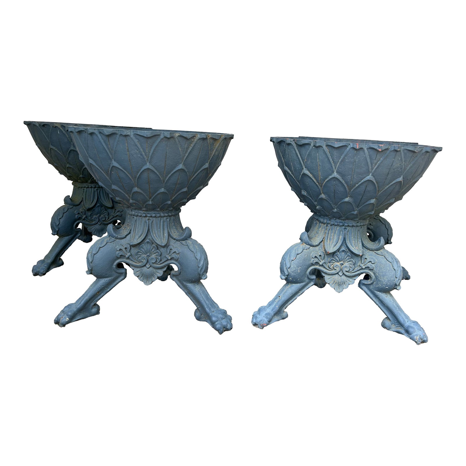 Rare Slate Grey Antique Garden Urns- 2 Pairs: Spectacular set of 4 antique slate grey cast iron garden urns, beautiful indoors or outside, having lovely acanthus leaves and other embellishments on lion paw feet. Priced at pairs. Can do further