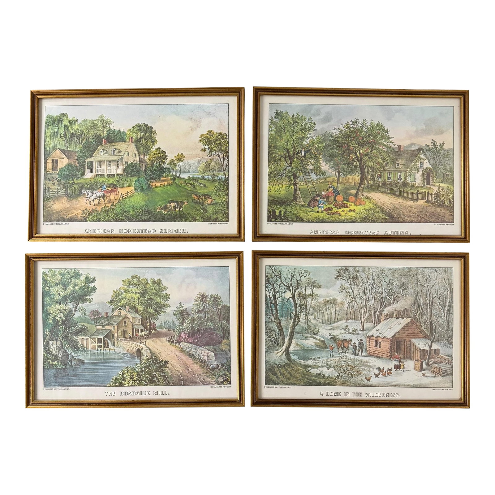 Vintage Currier & Ives American Homestead Prints - Set of 4: Vintage American Homestead seasonal landscape scenes by Currier & Ives. Each professionally framed in a 1" gold wood frame. Each measures 14.75" w x 1" d x 10.5" h Condition: Alterations: Original
