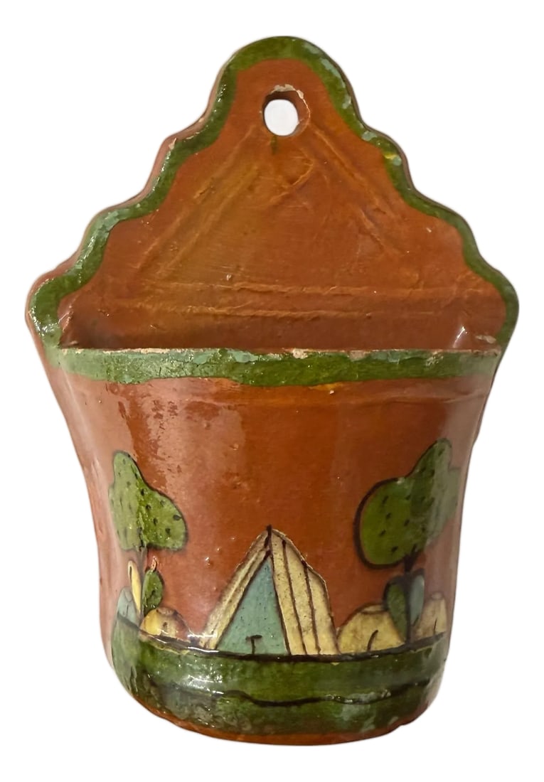 Vintage Hand Painted Landscape Scene Spainish Terra Cotta Wall Pocket: Vintage Spanish hand painted landscape scene wall pocket, planter. Measures 5.25" w x 2.5" d x 7" h. Could also be used as a kitchen sponge holder or matchstick holder. Is labeled but faded and not