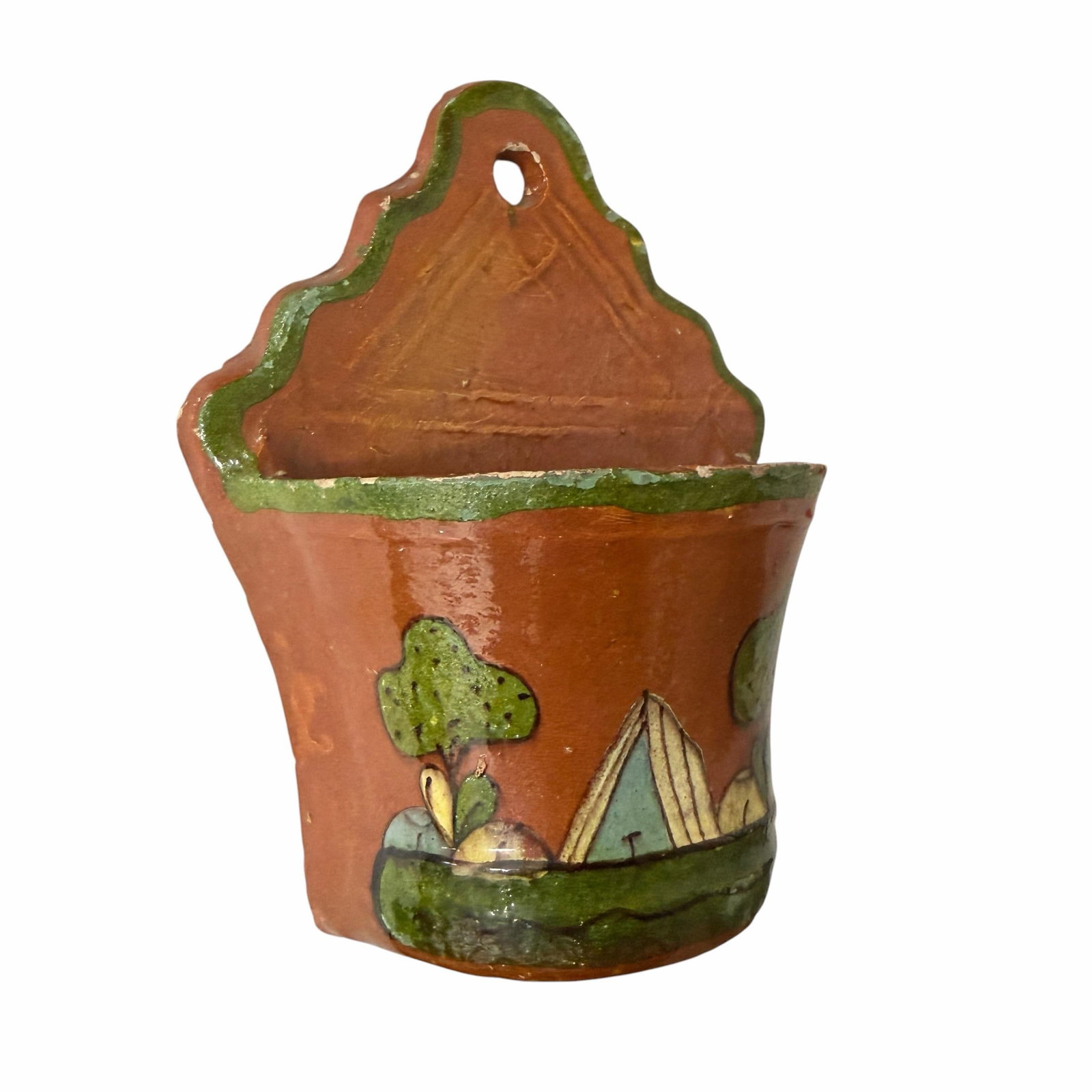 Vintage Hand Painted Landscape Scene Spainish Terra Cotta Wall Pocket - 2