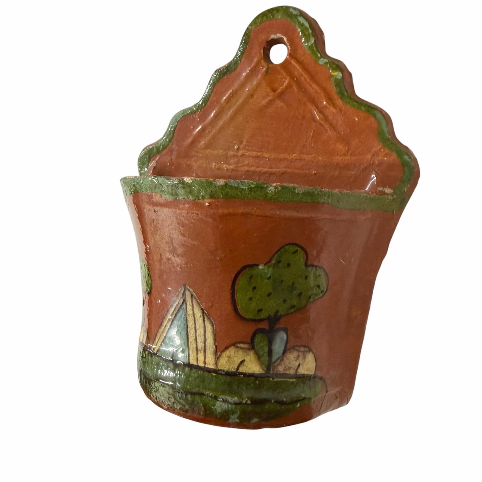 Vintage Hand Painted Landscape Scene Spainish Terra Cotta Wall Pocket - 3