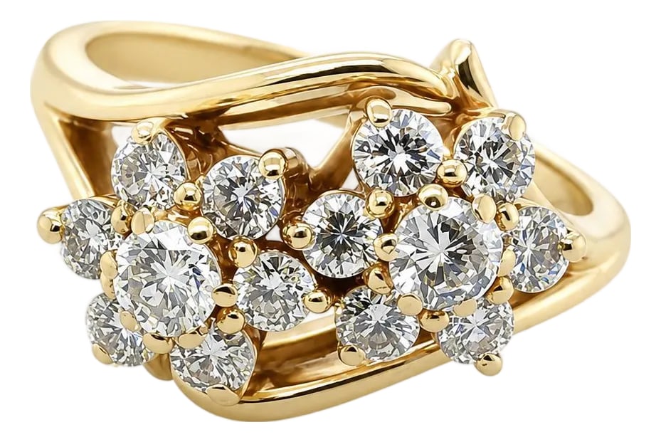14k Diamond Ring, Size 5.5: Elegant 14k yellow gold ring with approximately 1.20 carats of round white diamonds. Size 5.5 (Sizable) 4.36g Condition: Alterations: Original Condition Unaltered Imperfections: Some Imperfections