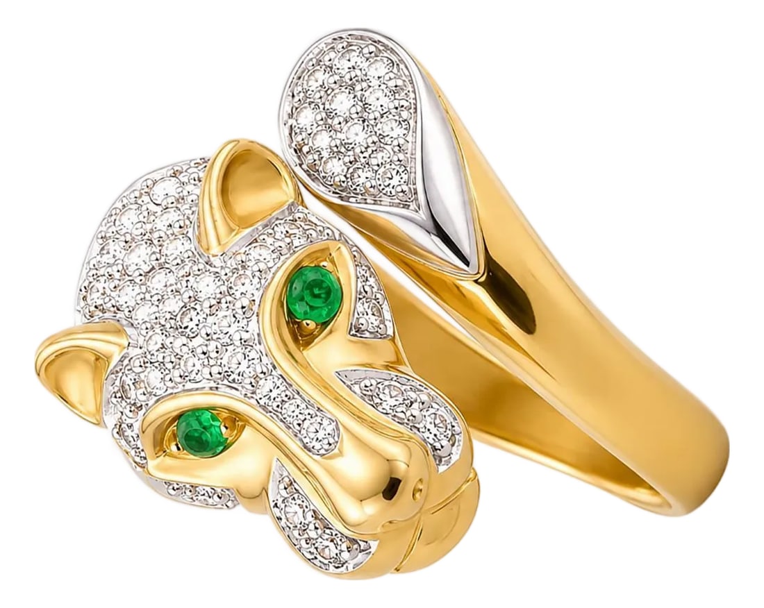 18k Panther Ring, Size 6.5: 18k Panther ring with diamonds and emerald eyes. 8.10g, size 6.5 (sizable) Condition: Alterations: Original Condition Unaltered Imperfections: Some Imperfections Condition Notes: Excellent Origin:
