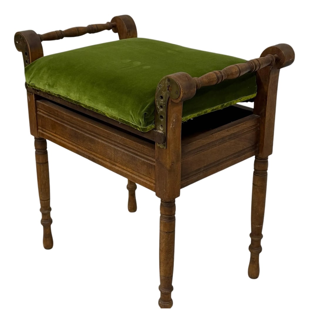 Antique Vanity, Piano One Seat Bench, Adjustable Height: Frame overall measurements 22" w x 13.5" d x 23.5" h. Seat at the highest adjustment is 24.5", lowest 23.5" Seat width 17" x 15" d x 2" thick. Storage space under seat. Nice and sturdy with some