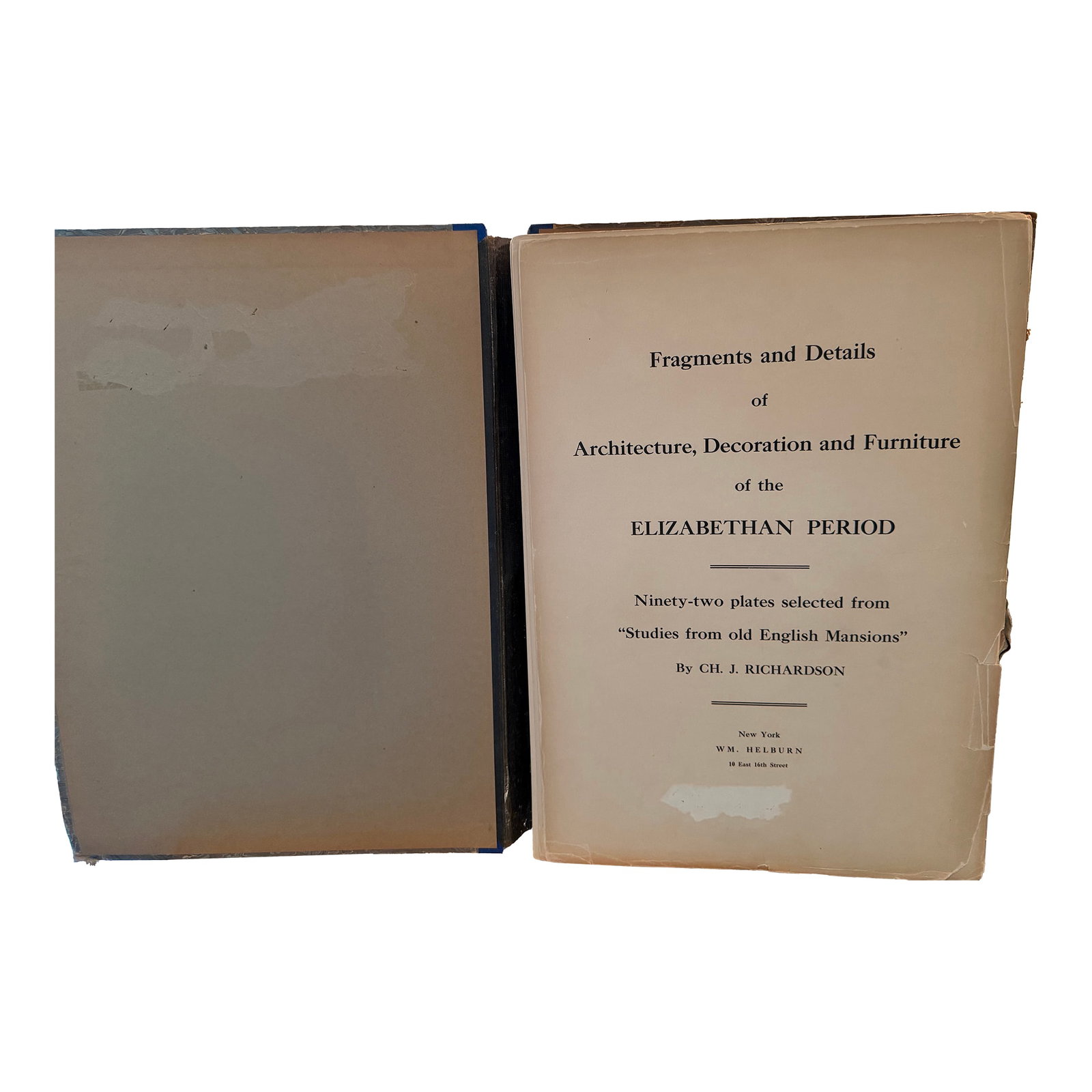 Antique Elizabethan Architecture and Decoration Portfolio by Richardson: Antique Portfolio dating from approximately 1900 by Ch. J. Richardson entitled "Fragments and Details of Architecture, Decoration and Furniture of the Elizabethan Period". It contains 92 beautiful