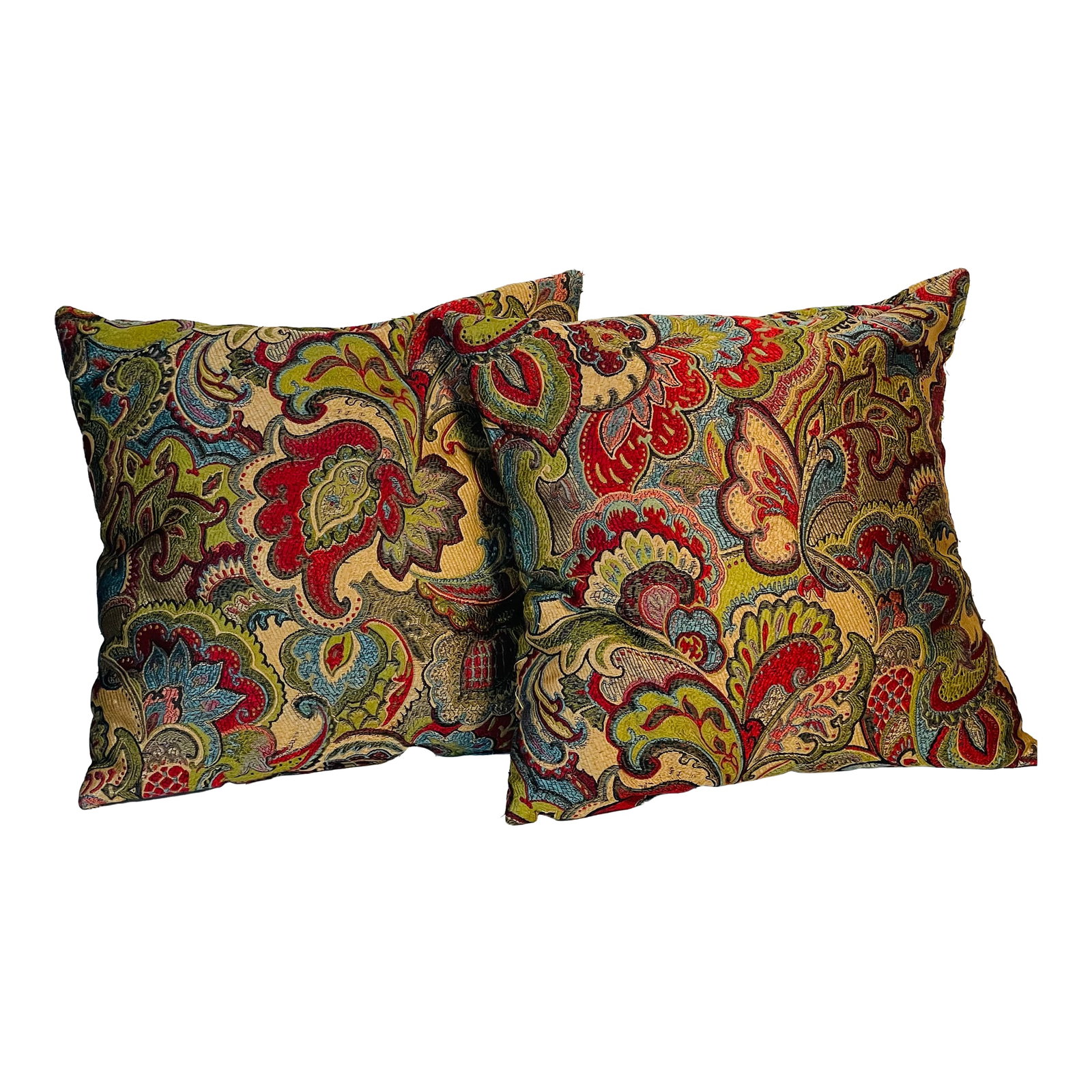 Gorgeous Pair of Colourful Brocade Pillowd: Gorgeous brocade woven colourful floral textile pair of pillows. Condition: Alterations: Original Condition Unaltered Imperfections: Some Imperfections Condition Notes: Good Origin: United States