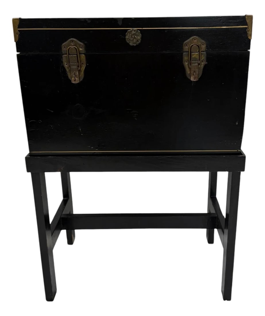 Vintage Storage Box, Side Table, Nightstand on Stand: Vintage storage, liquor, cellarette on stand. Could be used as side table or nightstand. The box portion can be removed from stand. Some scratches around and scuffs on edges. All imperfections