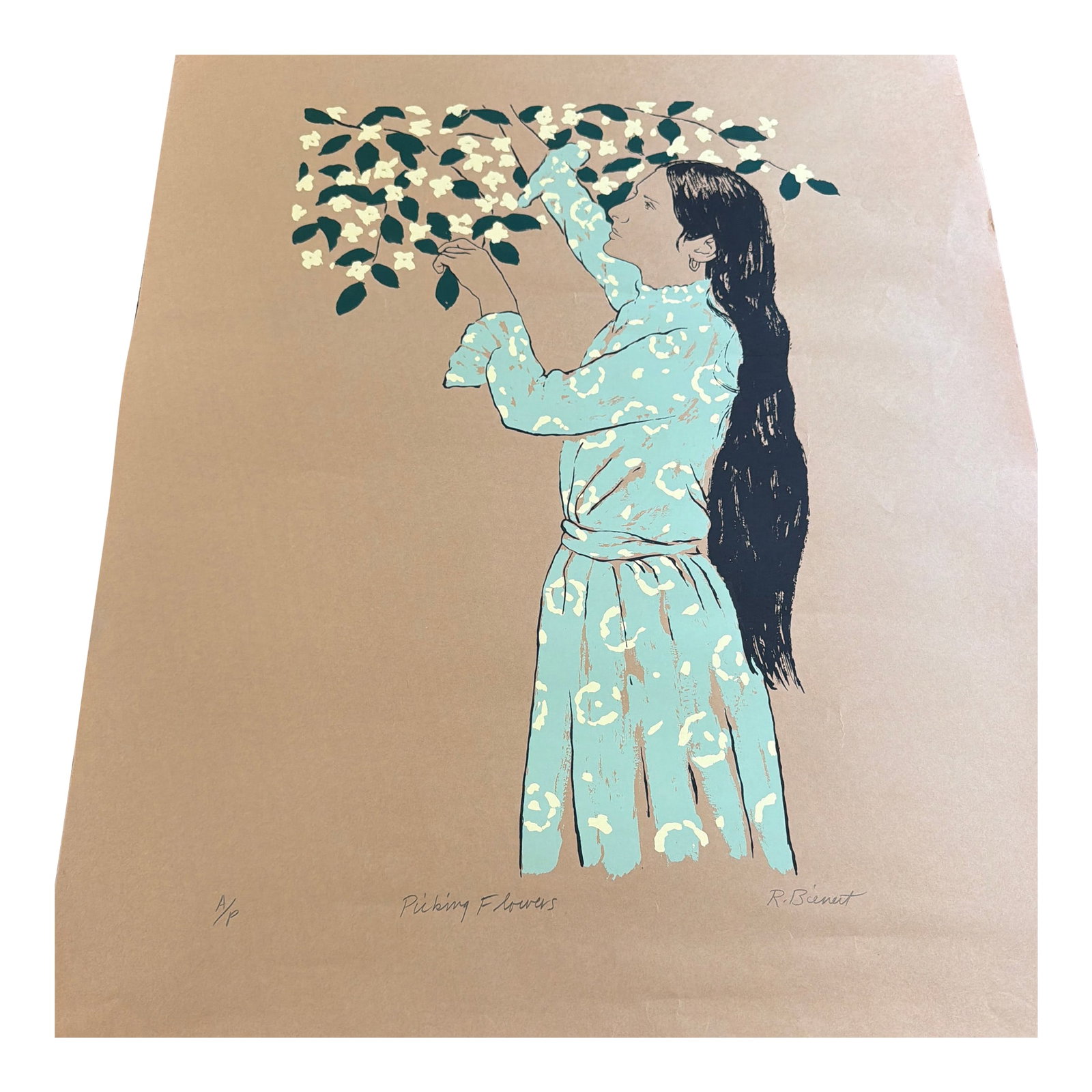 1980 Ralph Bienert "Picking Flowers" Artist's Proof Print: This is a lovely unframed artist's proof print entitled "Picking Flowers" by Ralph Bienert. The print depicts a beautiful woman with long black hair picking white flowers from a tree with green