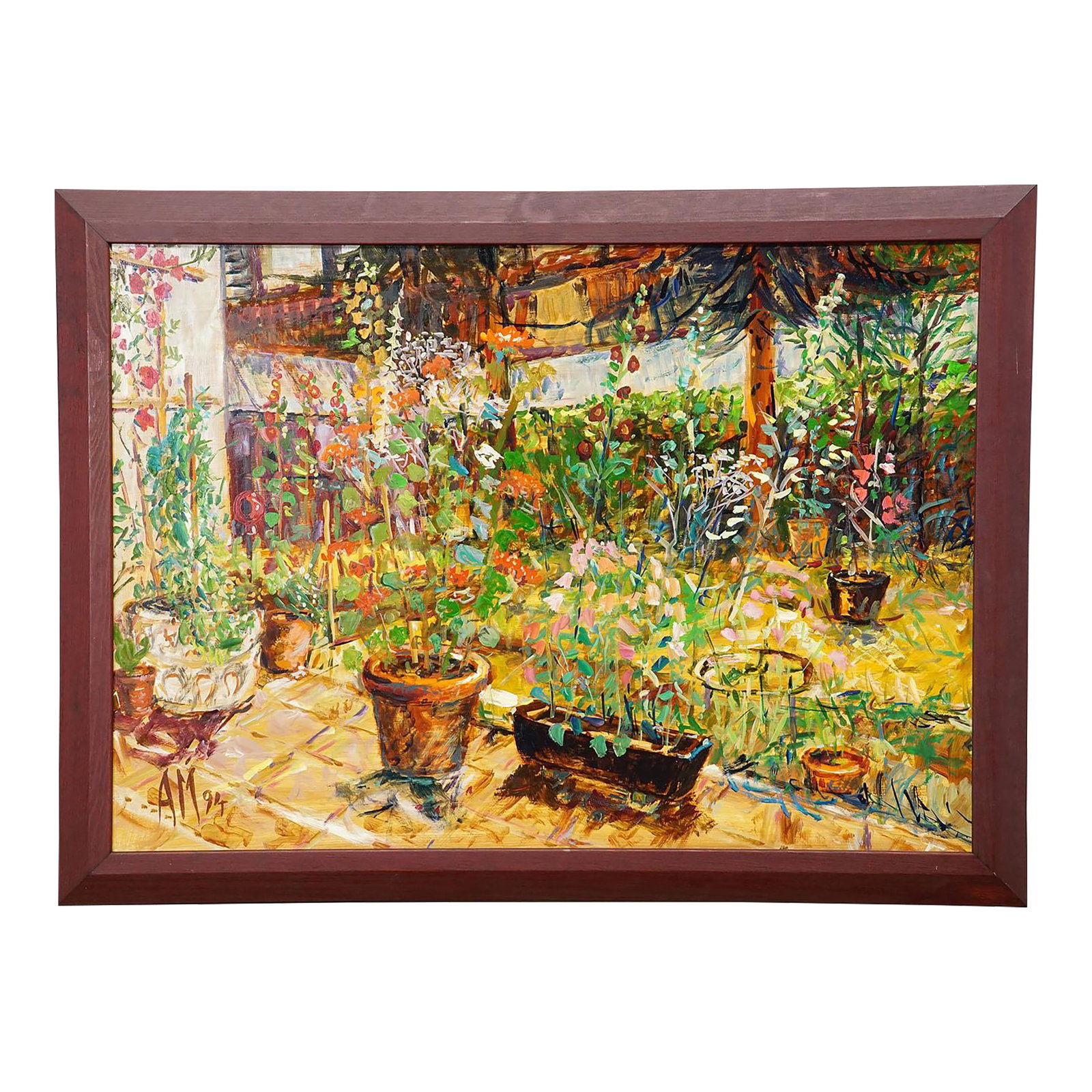 Terrace With Geranium Pot, 1994 – Oil Painting by Alexander Michael: Terrace with Geranium Pot, 1994 – Oil Painting by Alexander Michael Item e7647 This oil painting from 1994 captures a sun-drenched terrace bursting with flowers and lush greenery. At the center