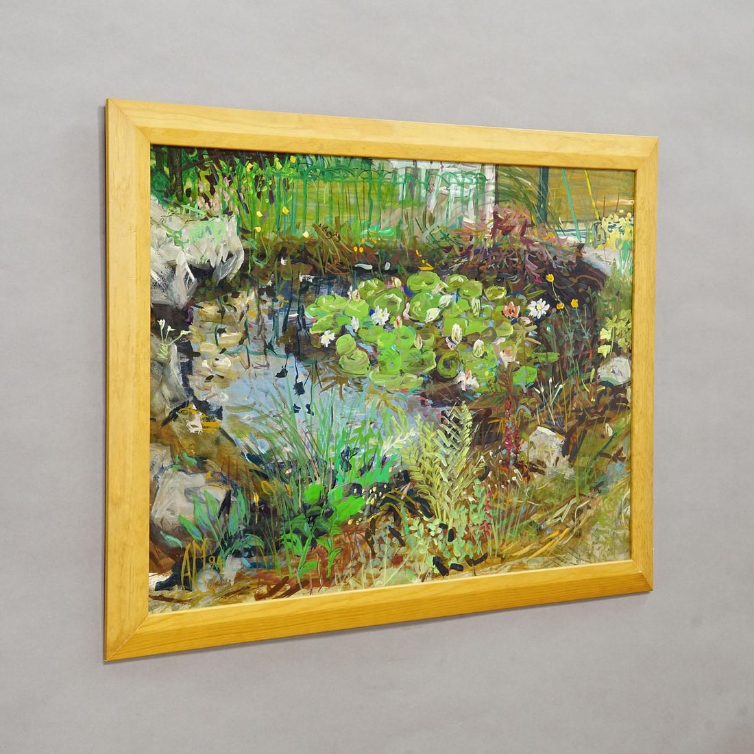 Garden Pond With Water Lilies and Rockery, 1994 – Oil Painting by Alexander Michael - 2