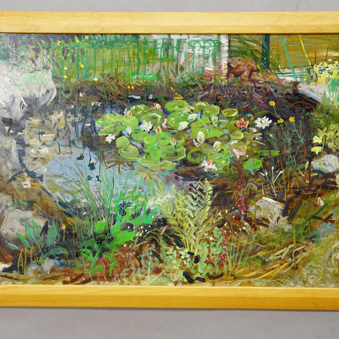 Garden Pond With Water Lilies and Rockery, 1994 – Oil Painting by Alexander Michael - 3