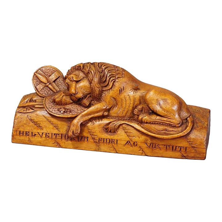 Antique Swiss Carved Lion With Heraldic Shield, Luzern Circa 1900: Antique Swiss Carved Lion with Heraldic Shield, Luzern circa 1900 Item e8144 An expressive antique wood carving depicting the deadly wounded lion of Luzerne. The original statue stands in the center o