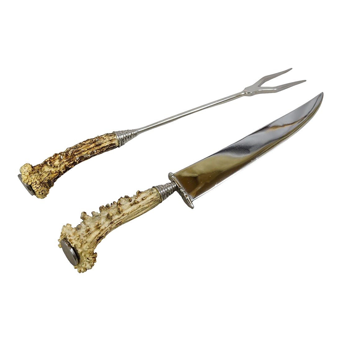 Vintage Stainless Steel and Horn Cutlery Carving Set, Wingen 1960s: Vintage Stainless Steel and Horn Cutlery Carving Set, Wingen 1960s Item e8199 2-piece hunting carving set (1 knife, 1 fork) made in Solingen by Anton Wingen. Made of stainless steel. The handles are