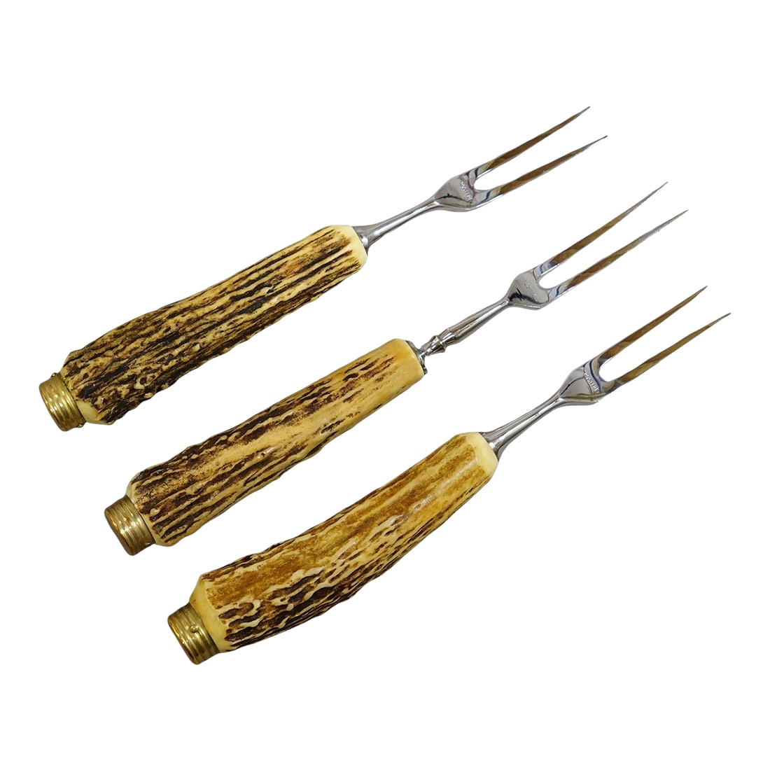 Vintage Stainless Steel and Horn Cutlery Serving Forks, Wingen 1960s: Vintage Stainless Steel and Horn Cutlery Serving Forks, Wingen 1960s Item e8198 3-piece hunting serving set (3 forks) made in Solingen by Anton Wingen. Made of stainless steel. The handles are
