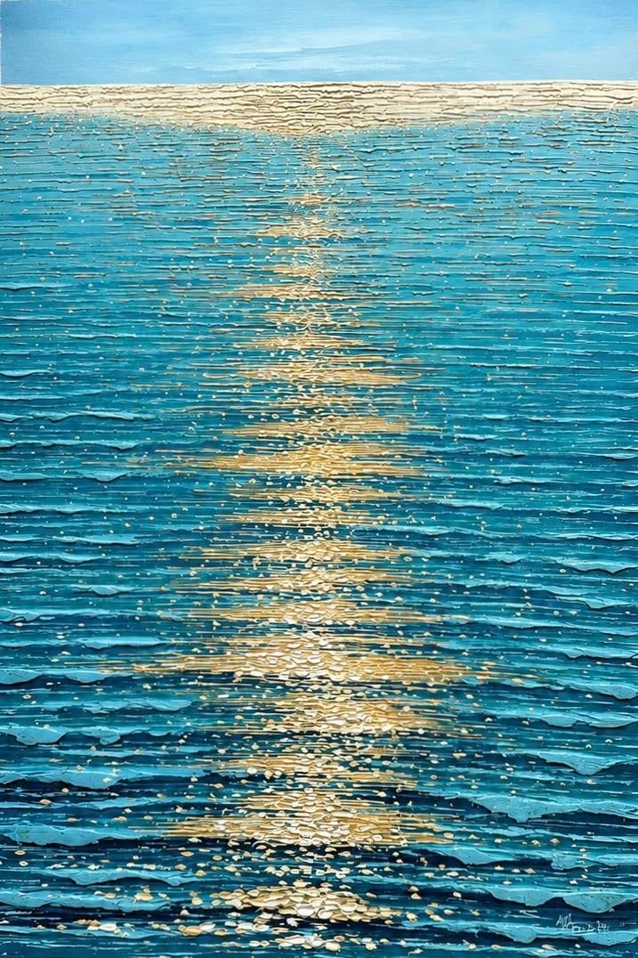 Ocean Shimmer "” Seascape Original Oil Painting, Unstretched, by Samuel H. (24" X 36"): Original oil on canvas, unstretched, by artist Samuel H. Samuel has masterfully captures the shimmering effect on the ocean "” or perhaps early morning sun "” as it cascades across the