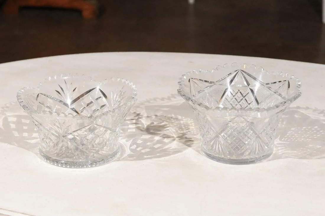 Circa 1900 English Cut Crystal Bowl with Scalloped Top and Diamond Motifs - 10