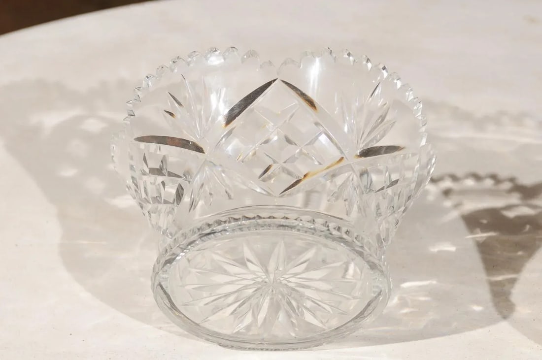 Circa 1900 English Cut Crystal Bowl with Scalloped Top and Diamond Motifs - 11