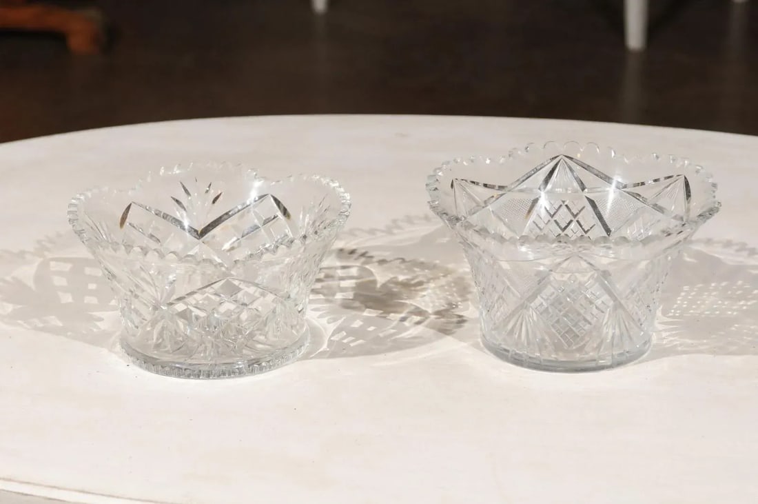Circa 1900 English Cut Crystal Bowl with Scalloped Top and Diamond Motifs - 9