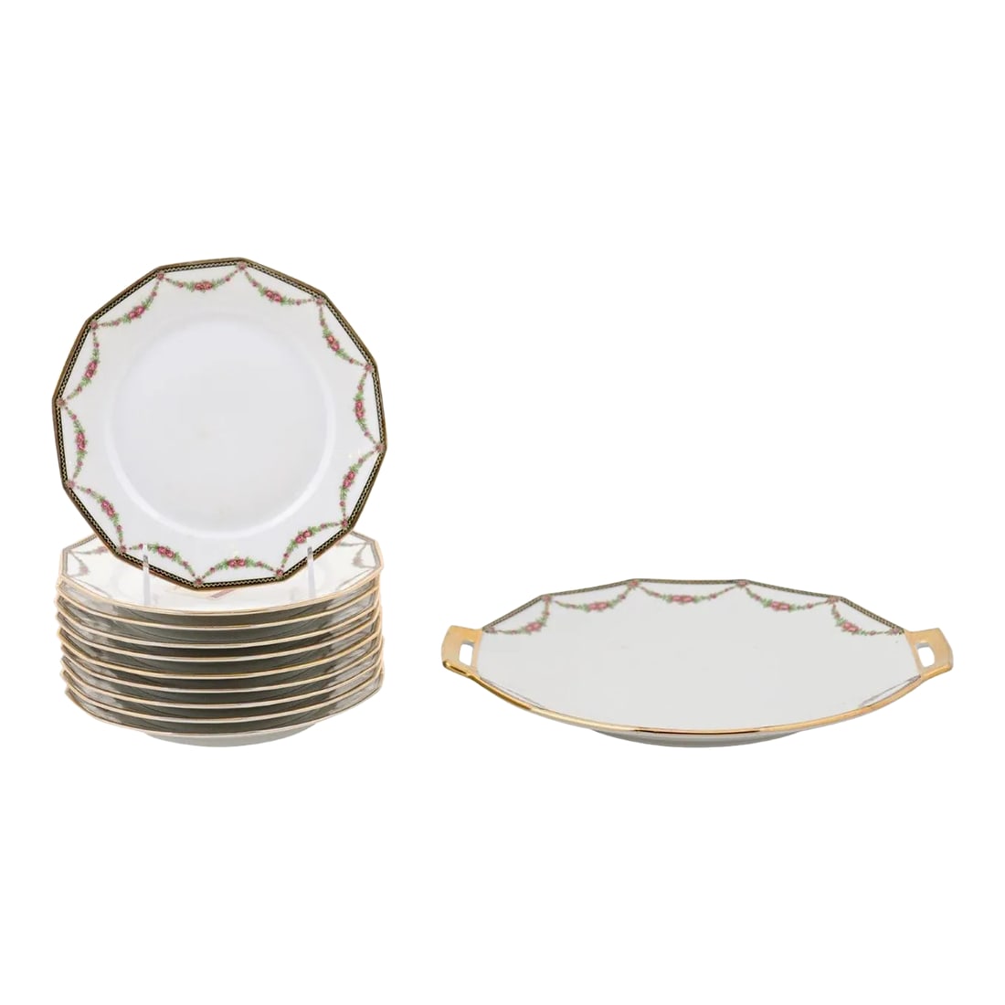 Antique French LarchevÃªque UML Limoges Porcelain Dessert Plates and Platter Set- 11: A set of 11 French Marc LarchevÃªque UML Limoges porcelain dessert plates and platter from the 19th century, with floral garlands and gilt trim. Created in France during the 19th century,