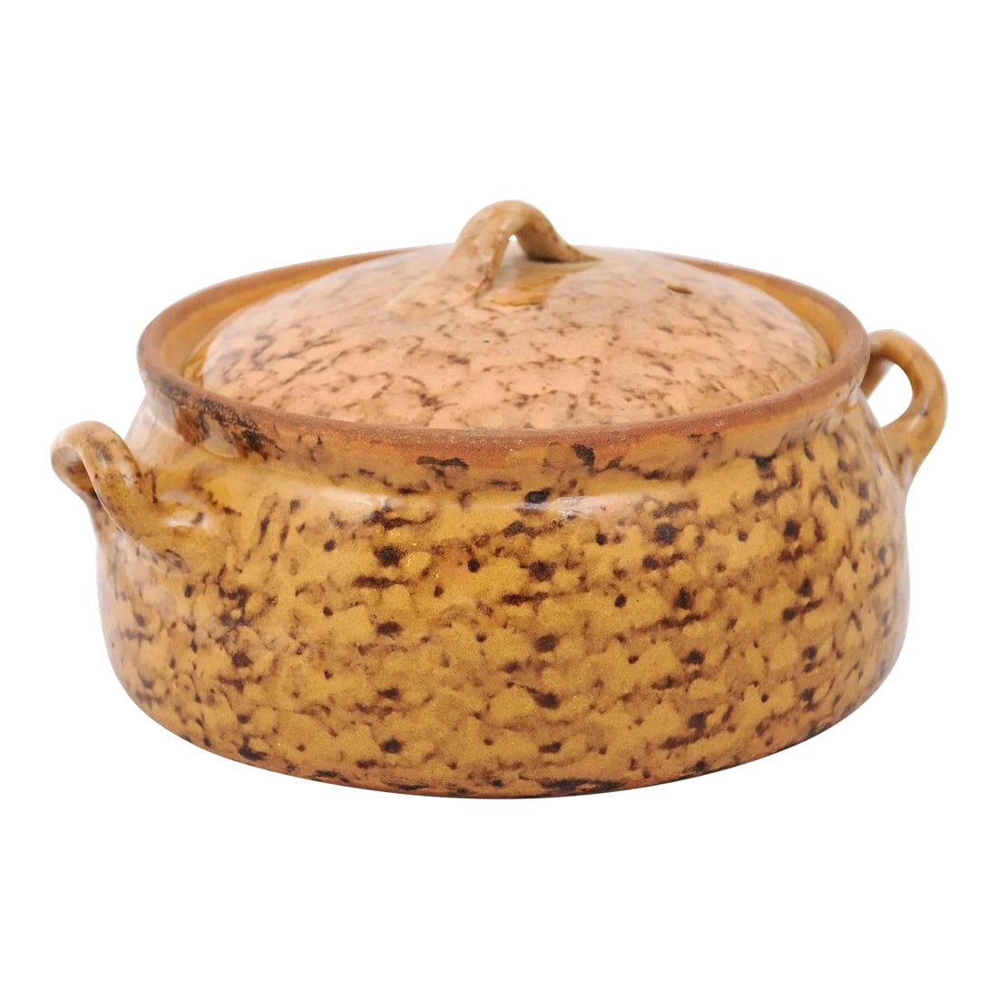 French 19th Century Pottery Covered Baking Dish with Brown Blotched Glaze: A French pottery covered baking dish from the 19th century, with brown glaze and lateral handles. Created in France during the 19th century, this pottery baking dish features a circular body topped wi