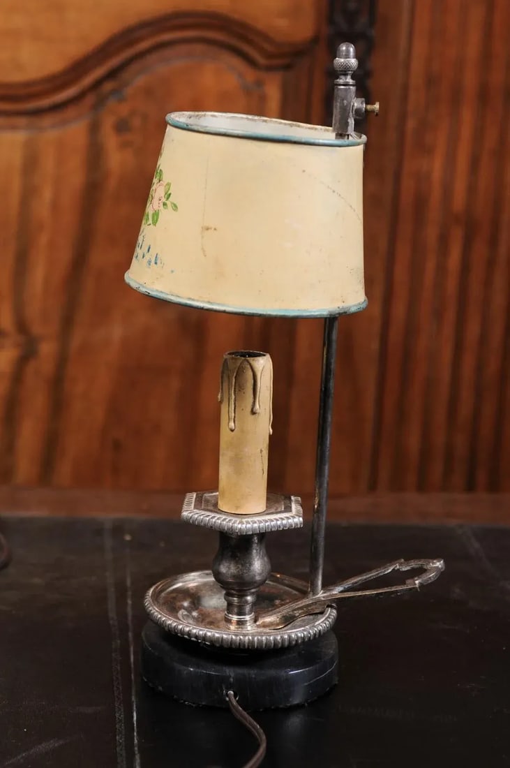 19th Century French Tole Lamp with Original Hand-Painted Floral Themed Shade - 3