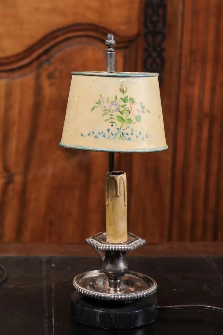 19th Century French Tole Lamp with Original Hand-Painted Floral Themed Shade - 4